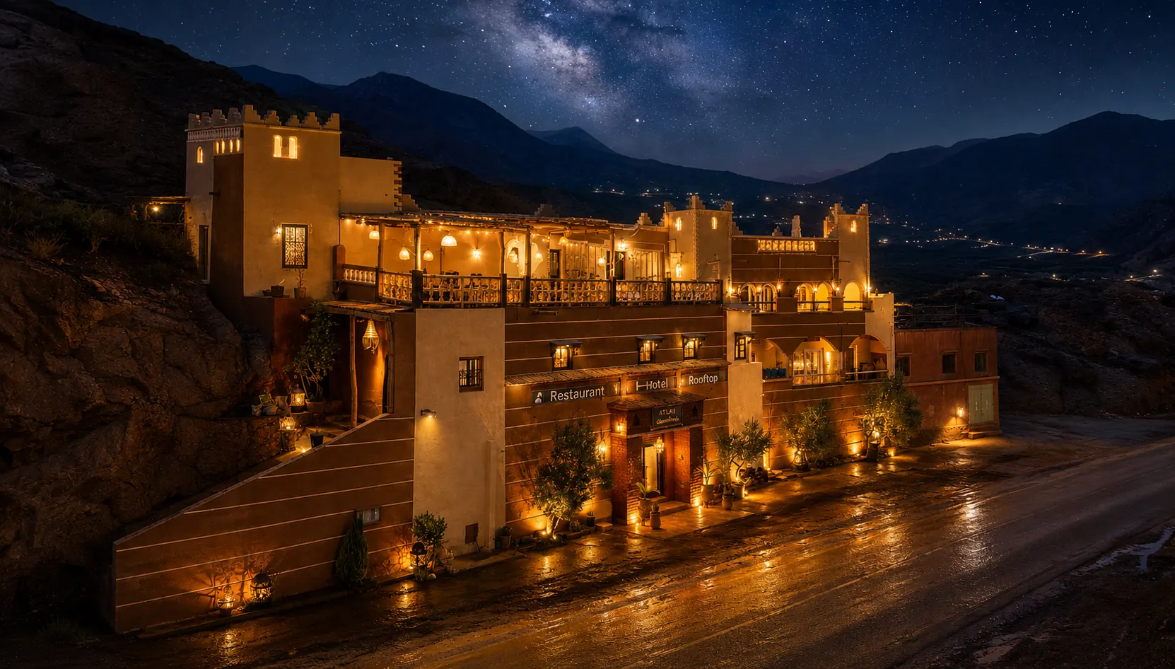 Hotel Gorge Dadès illuminated at night under the starry Atlas Mountains sky